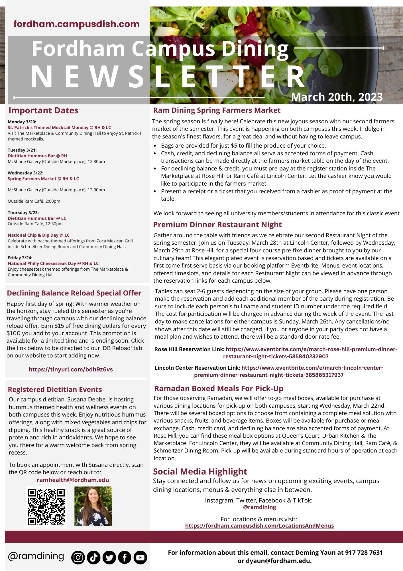 Fordham Campus Dining Newsletter March 20th, 2023